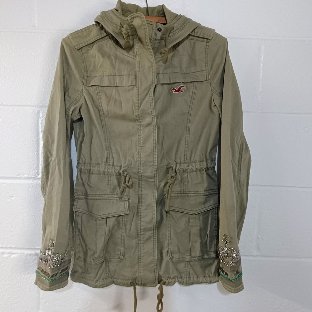 HOLLISTER Utility Cargo Jacket Coat Snap Hooded Green XSMALL Y2K Embellished‎